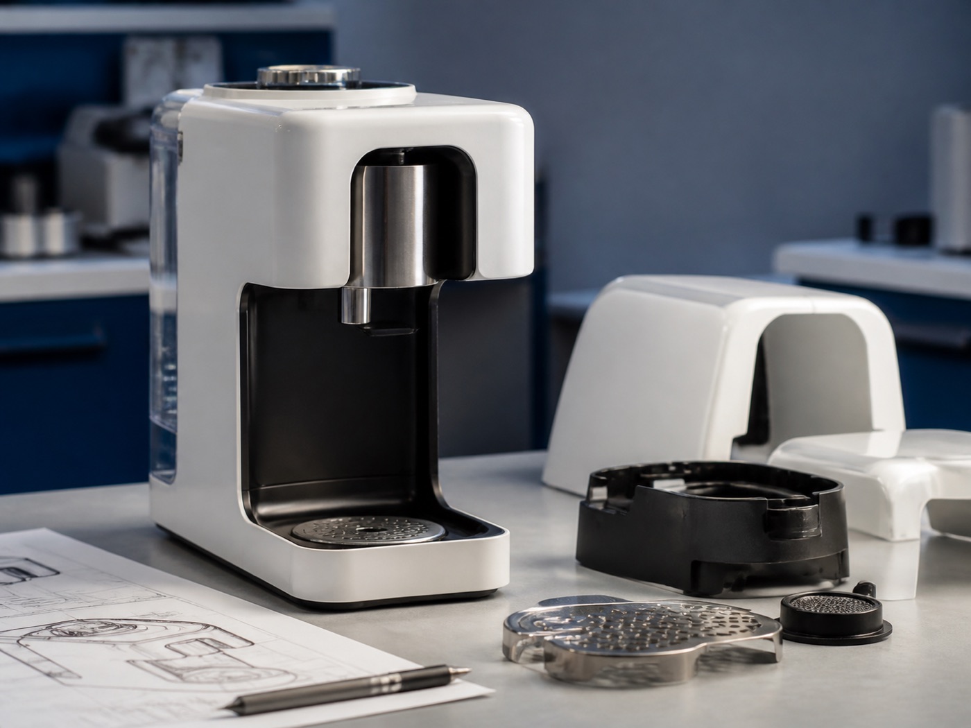 Countertop appliance prototype with separated molded and metal components
