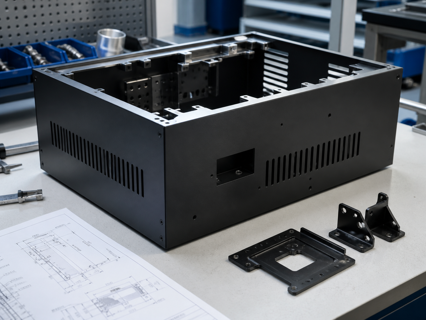 Metal electronics enclosure and precision brackets on an engineering workbench