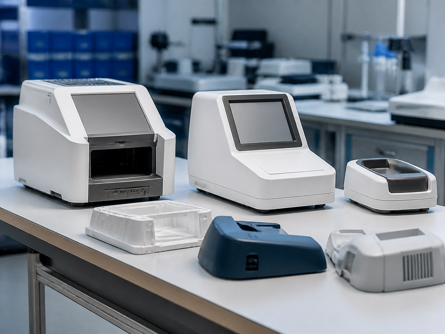 Non-sterile laboratory equipment housings and polymer covers on a workbench