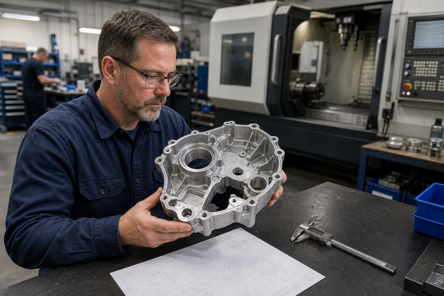 Manufacturing engineer reviewing a machined aluminum housing beside a CNC production cell