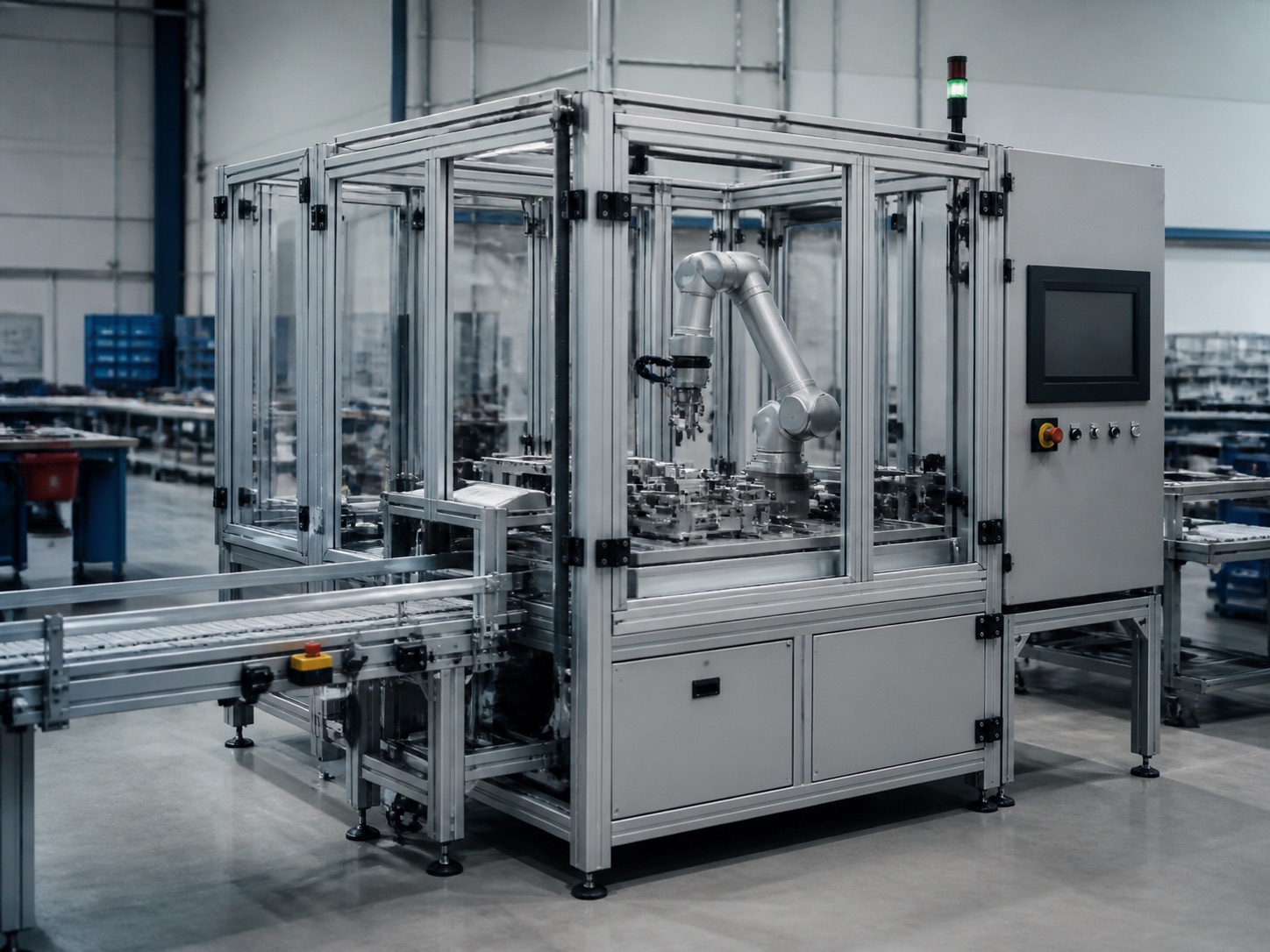 Guarded industrial automation cell with a robot arm, fixture, conveyor, and control enclosure