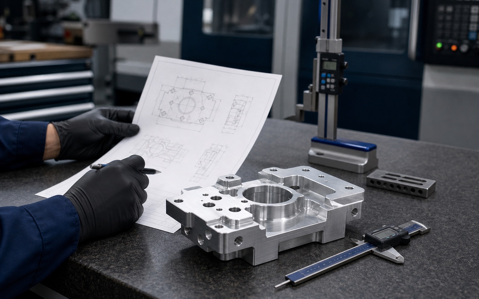 Engineer reviewing a CNC drawing beside a machined component and inspection tools