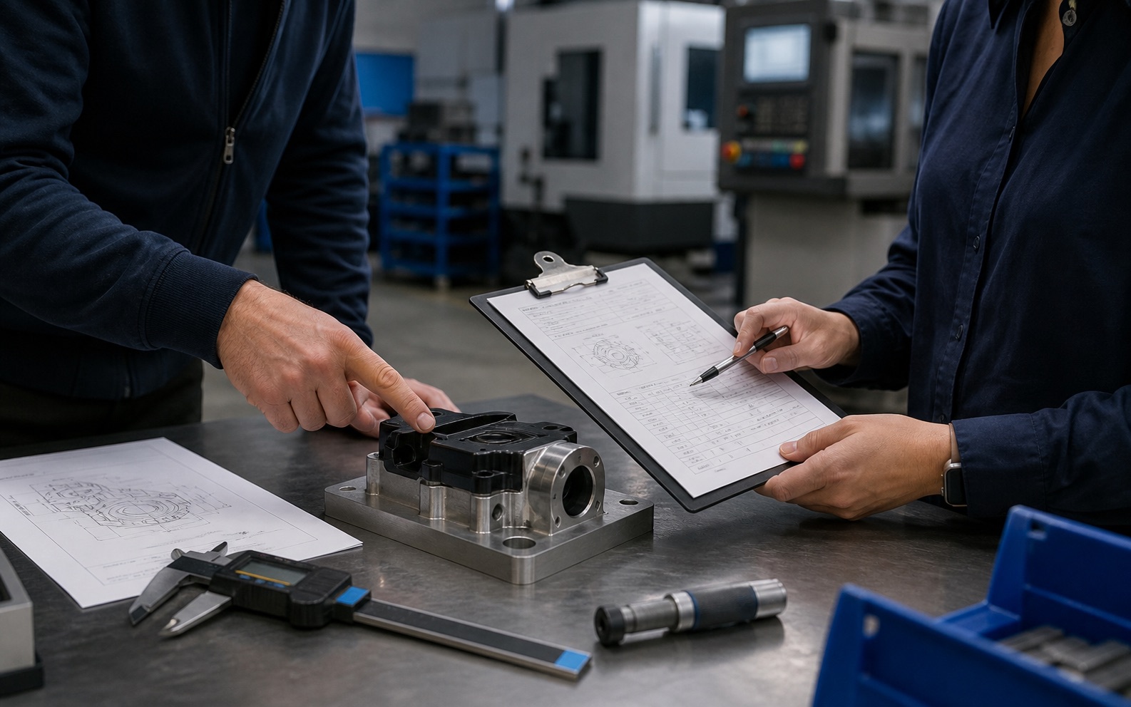 Engineering and procurement professionals reviewing a manufactured sample and inspection documents